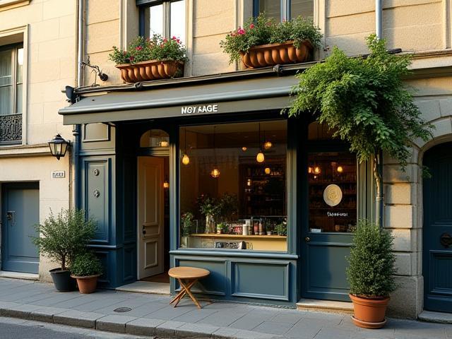 Extérieur charmant du bâtiment de l'atelier sur l'Île Saint-Louis, avec des fenêtres fleuries.