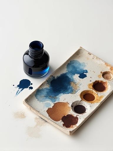 Artistic shot of ink splotches and a watercolor palette, showing creative process.