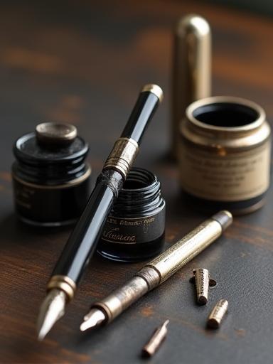 Close-up of elegant calligraphy nibs and rich black ink, a traditional calligrapher's tools.
